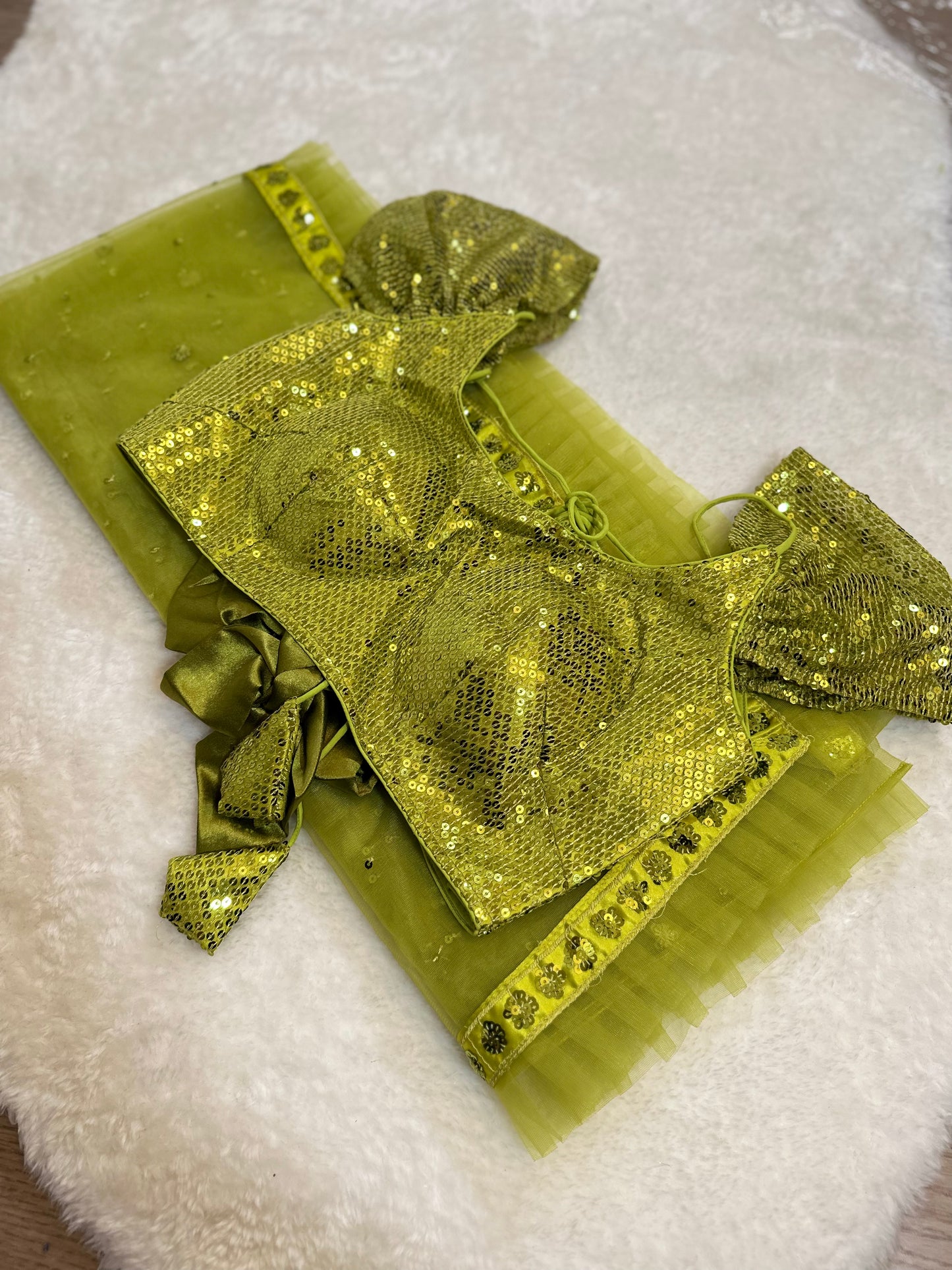 Lime green ruffle netted designer saree