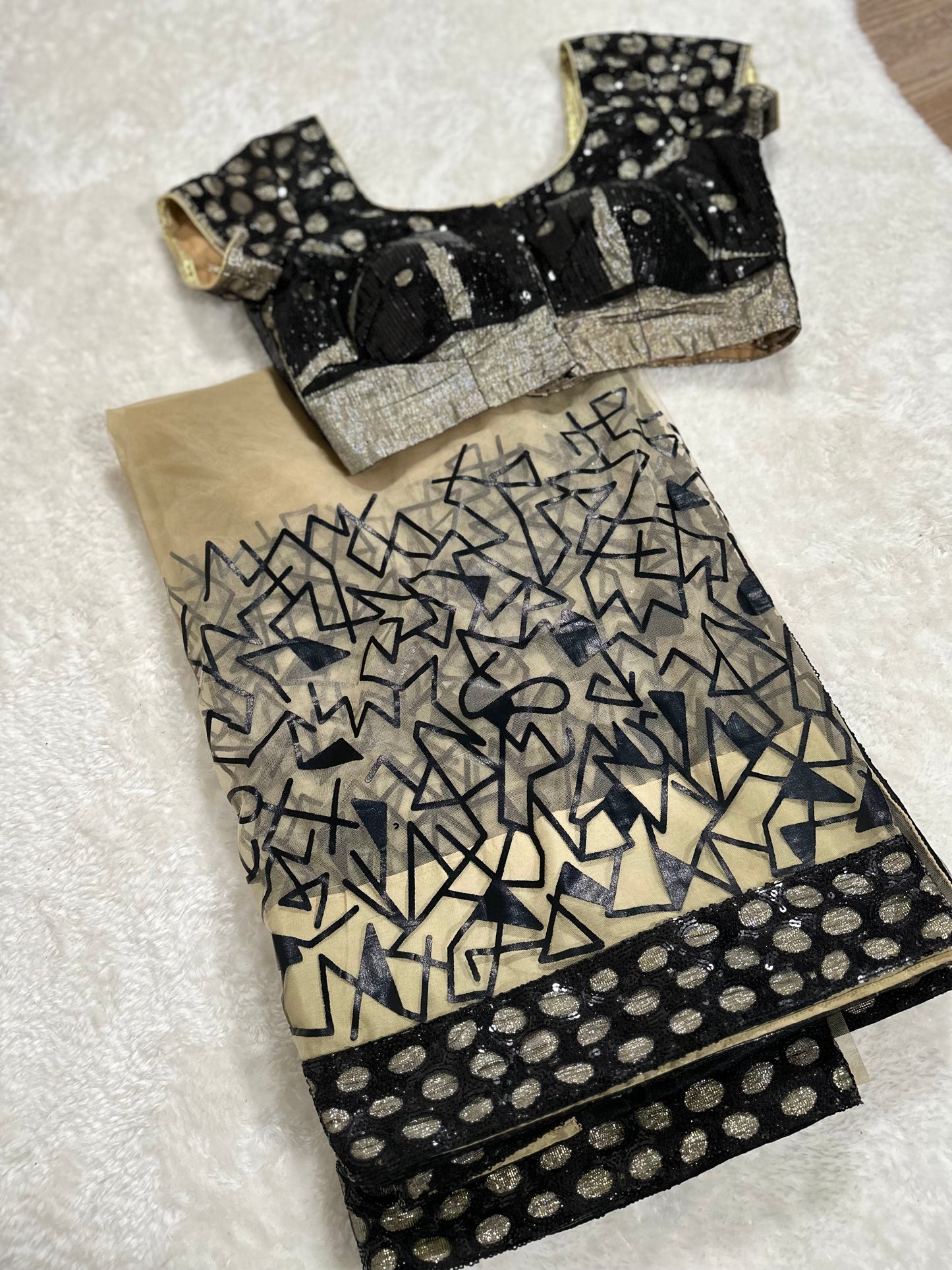 Beige Black netted designer saree