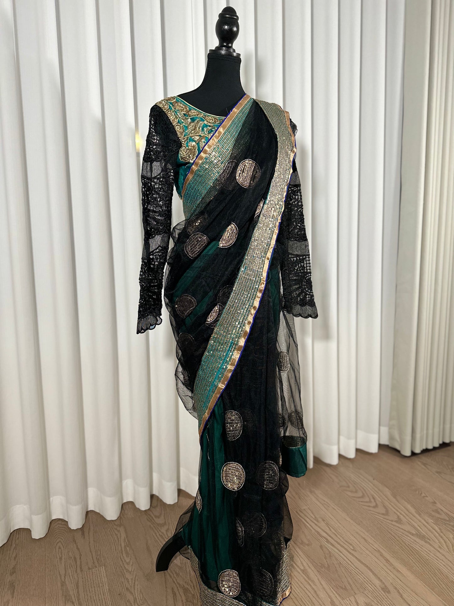 Forest Green and Black Designer Saree