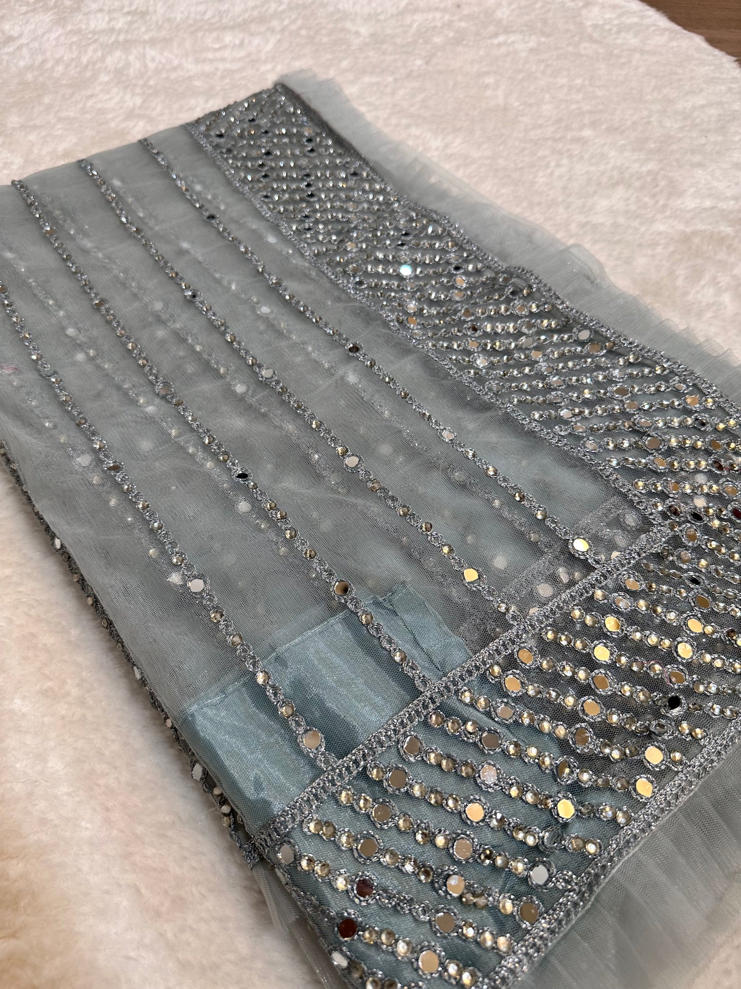 Sky Blue Netted Saree With Mirror Work