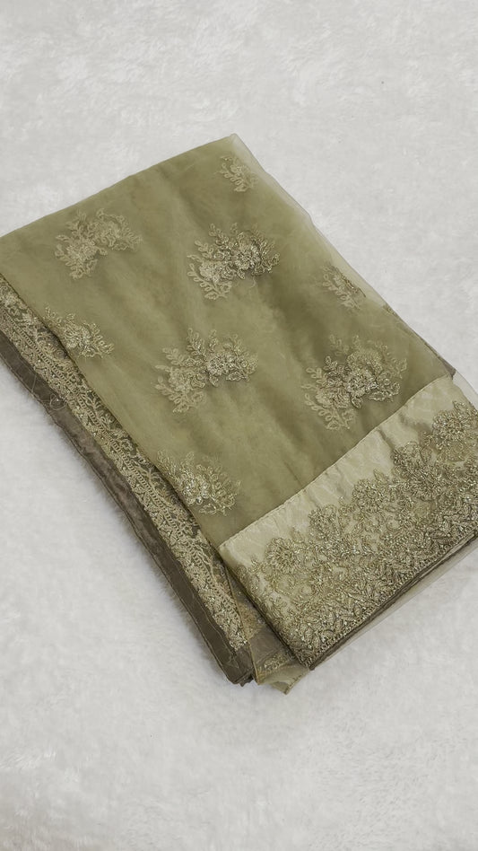 Olive Embroidered Designer Party-Wear Saree